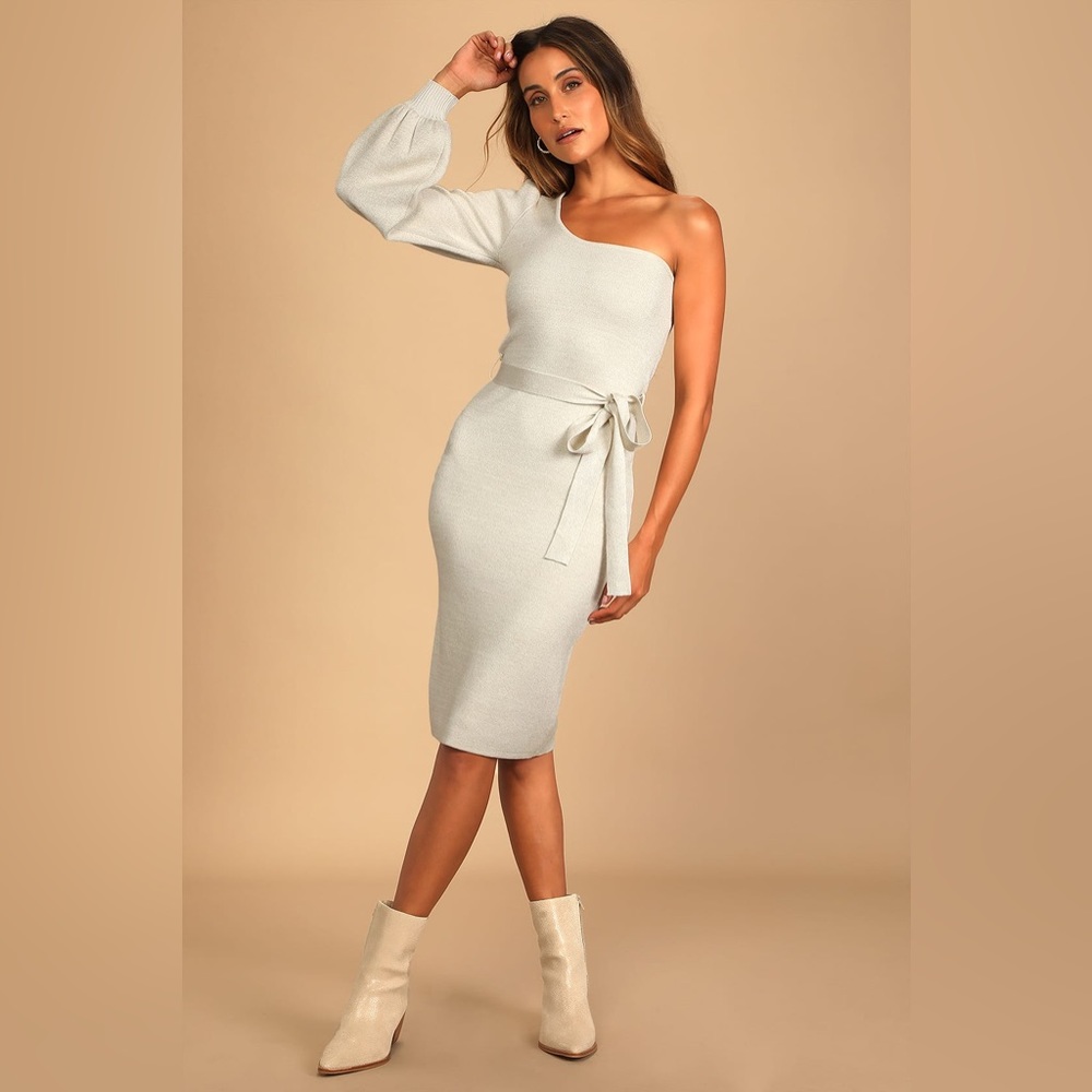 Lulus ivory metallic one shoulder midi sweater dress